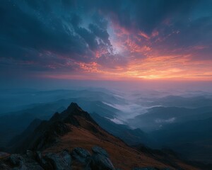 Majestic mountains at dawn, under a sky of fiery clouds