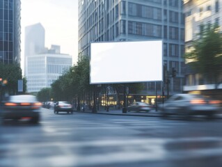Blank billboard on city street, showcasing modern architecture and blurred traffic.