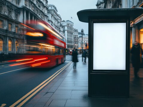 Empty outdoor advertisement in a bustling London street at twilight, with a red double-decker bus in motion.