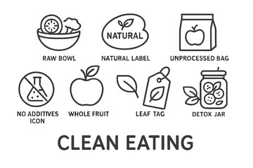 Healthy eating icons: raw bowl, natural label, unprocessed bag, no additives, whole fruit, leaf tag, detox jar