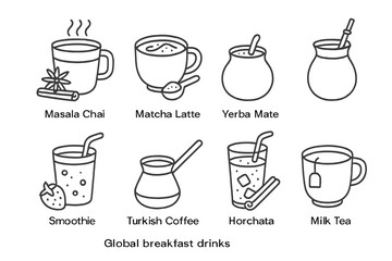 Global breakfast drinks: masala chai, matcha latte, yerba mate, smoothie, turkish coffee, horchata, milk tea