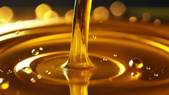 Golden honey dripping into a pool, creating ripples. The background features soft bokeh lights, enhancing the warm, inviting atmosphere.