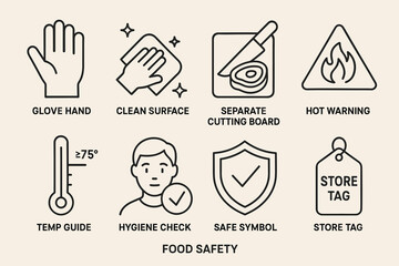 Fototapeta premium Essential food safety icons: hygiene, temperature, and storage guidelines illustrated