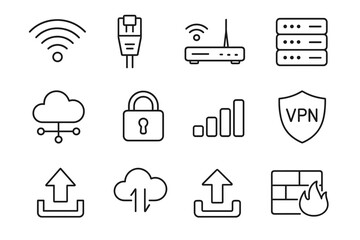 Network icons: wi-fi, ethernet, router, server, cloud, security, vpn, firewall, signal strength