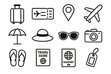 Travel icons: airplane, suitcase, camera, passport, and more vacation essentials