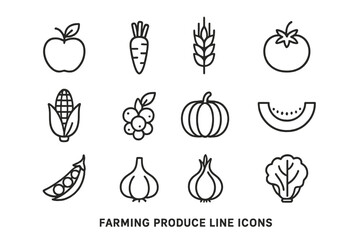 Farming produce line icons featuring fruits and vegetables