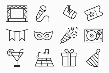 Event celebration outline icons set with stage, microphone, and party elements