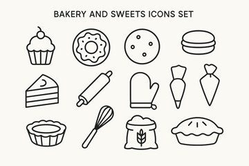 Bakery and sweets icons set featuring cupcake, cookie, and kitchen tools