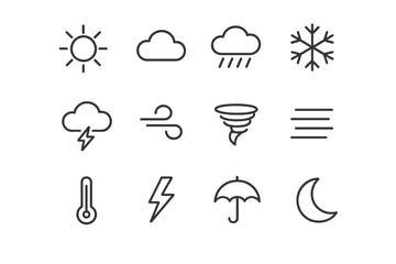 Set of twelve minimalist weather icons including sun, cloud, rain, snowflake, and umbrella