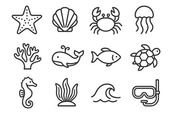 Black and gray line icons of marine creatures and ocean symbols