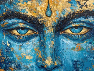 Close-up of a painted face with striking blue eyes and gold accents.