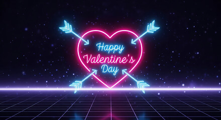 Retro Neon "Happy Valentine's Day" Heart with Arrows
