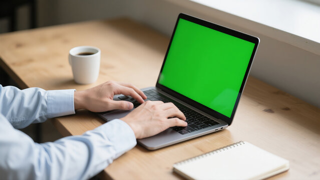 Remote work setup with laptop showing green screen and coffee cup on desk scene