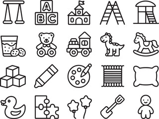 A Set of 20 Black and White Line Art Icons for Kids