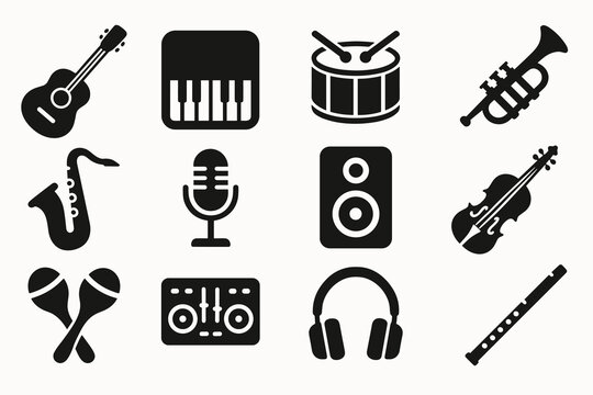 Musical instruments icons set: guitar, piano, drum, trumpet, saxophone, microphone