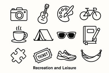 Fototapeta premium Recreation and leisure icons: camera, guitar, art, bicycle, coffee, tent, sunglasses, book, puzzle, ticket, sneakers, hammock