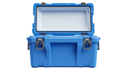 Blue cooler with open lid isolated on a transparent background