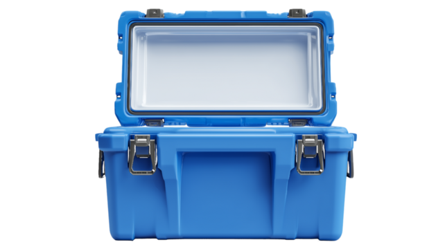 Blue cooler with open lid isolated on a transparent background