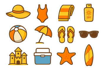 Colorful summer icons featuring beachwear and sun essentials on yellow background