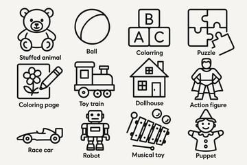 Toy and activity icons including stuffed animal, puzzle, and musical toy
