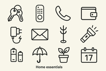 Essential household items icons: keys, remote, phone, charger, mail, wallet, coat rack, flashlight, battery, umbrella, plant, calendar