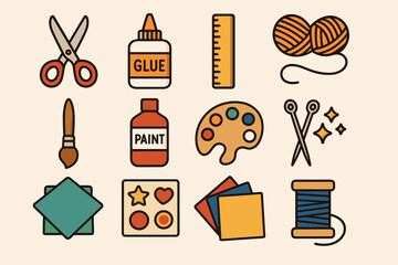 Colorful craft tools set with scissors, glue, paint, and yarn illustrations