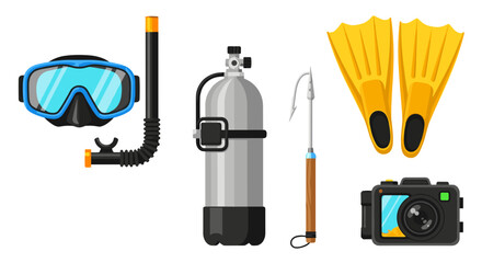 Illustration of scuba diving equipment including mask fins tank speargun and camera gear