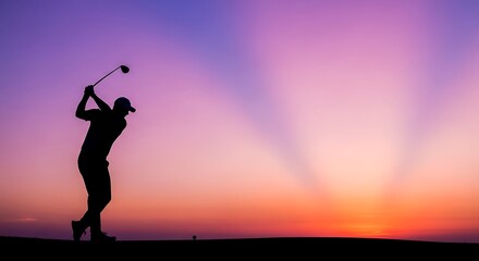 Silhouette of Golfer Swinging at Sunset with Vibrant Sky Colors
