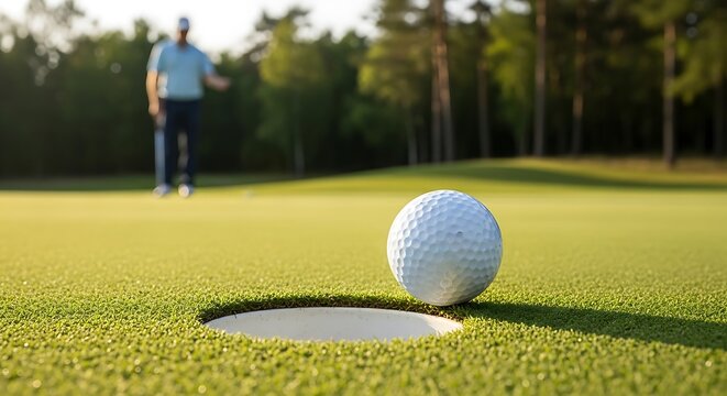 Golf ball on the edge of a putting green with golfer in the background