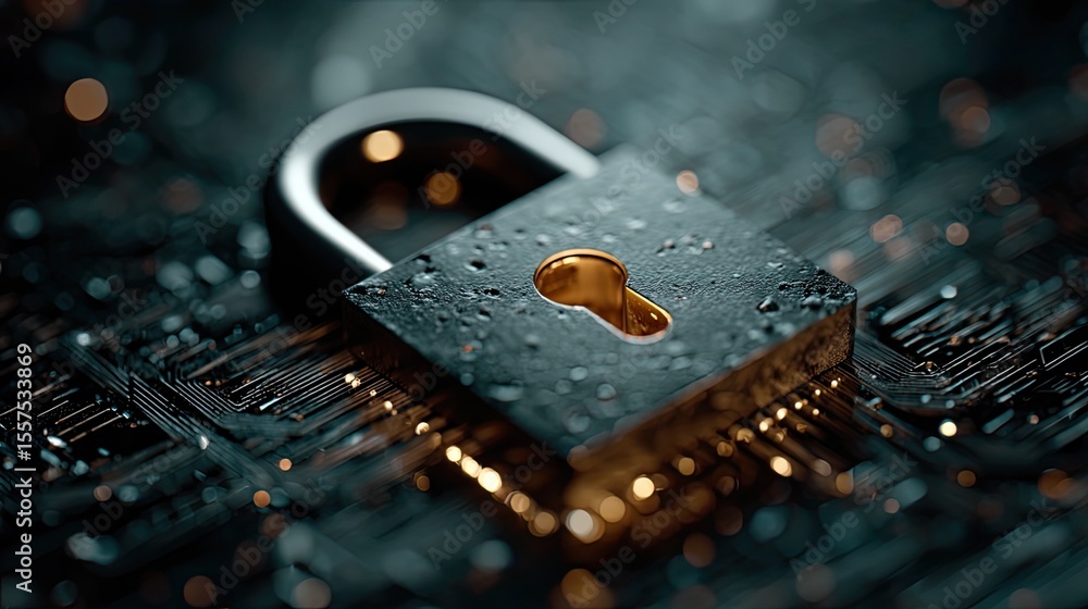 Poster cybersecurity governance compliance tech with digital padlock and data stream, secure system technol