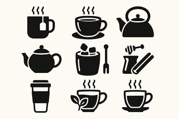 Fototapeta premium Black silhouette icons of tea and coffee items including cups and teapots