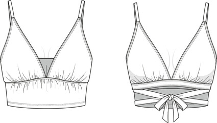 Women's bralette flat sketch, front and back view, fashion technical drawing, lingerie design, CAD template for apparel designers