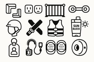 Fototapeta premium Safety equipment icons: helmet, life vest, sunblock, safety belt, plug, barrier, socket