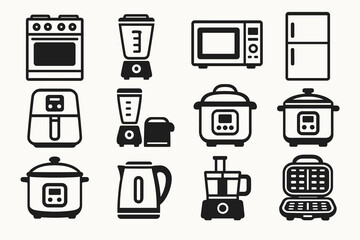 Set of kitchen appliance icons including blender, oven, microwave, and refrigerator