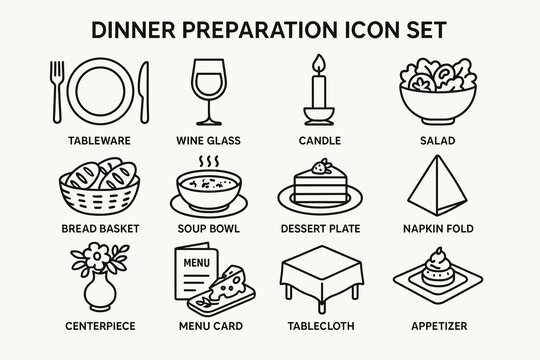 Dinner preparation icon set with tableware, wine glass, candle, and appetizer graphics