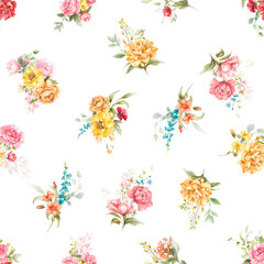 A vibrant blend of clustered roses, peonies, and spring blossoms in pink, orange, and yellow, set against crisp white bursting with color, warmth, and garden charm.