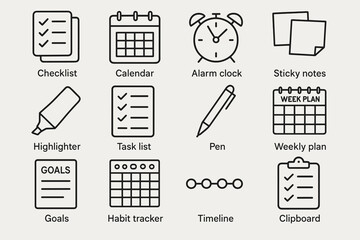 Icon set featuring checklist, calendar, alarm clock, and more for organization