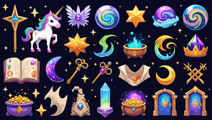 Illustration of a unicorn with magical objects such as potions and stars scattered around