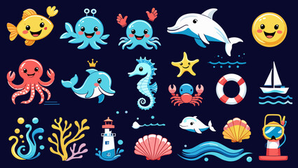 Illustration of various sea creatures and nautical elements on a dark background