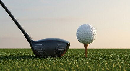 Golf club and ball on tee ready for a drive on the green