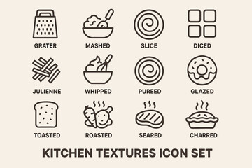Kitchen textures icon set featuring grater, mashed, slice, diced, and more