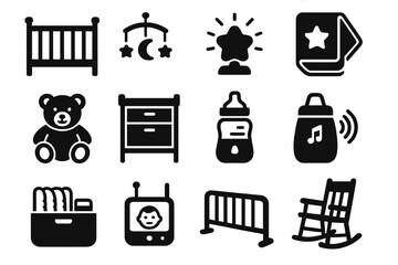 Baby essentials icons set: crib, toys, bottle, monitor, rocking chair
