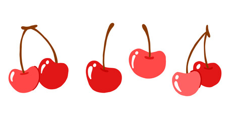 Cherry. Hand drawn flat sweet red cherries. Bunches of cherry isolated on a white background.