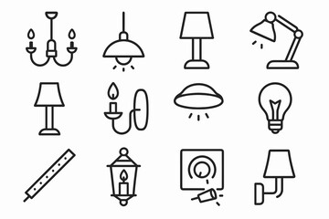 Variety of lamp and lighting fixture line icons: chandelier, desk, wall, ceiling lights