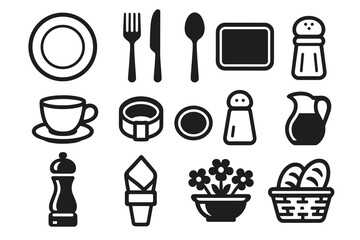 Kitchen utensils and tableware icons: plate, utensils, salt, pepper, cup, pitcher, basket