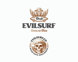 Obraz premium Vintage dead skull surfing on the wave logo template 