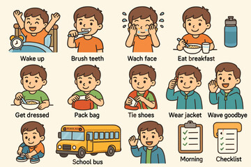 Morning routine for young caucasian male child: wake up to school bus journey