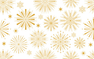 Hand drawn doodle fireworks Seamless Pattern. Gold fireworks pattern in white background.