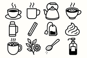 Collection of tea and coffee icons: cups, kettle, tea bag, whipped cream, thermos