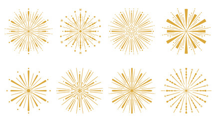 Set of hand drawn gold fireworks. Abstract doodle fireworks collection